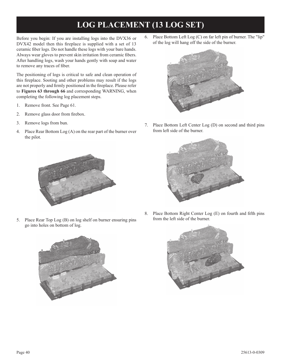 Log placement (13 log set) | Empire Comfort Systems DVX36DP31 User Manual | Page 40 / 72