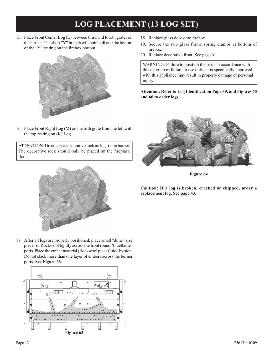 Log placement (13 log set) | Empire Comfort Systems DVX36DP31 User Manual | Page 42 / 72