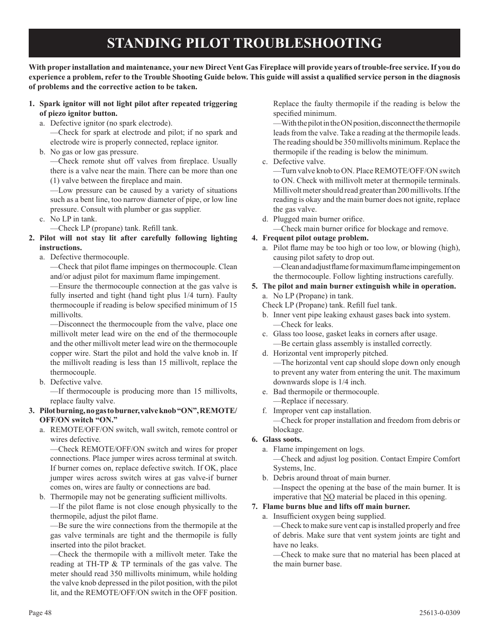 Standing pilot troubleshooting | Empire Comfort Systems DVX36DP31 User Manual | Page 48 / 72