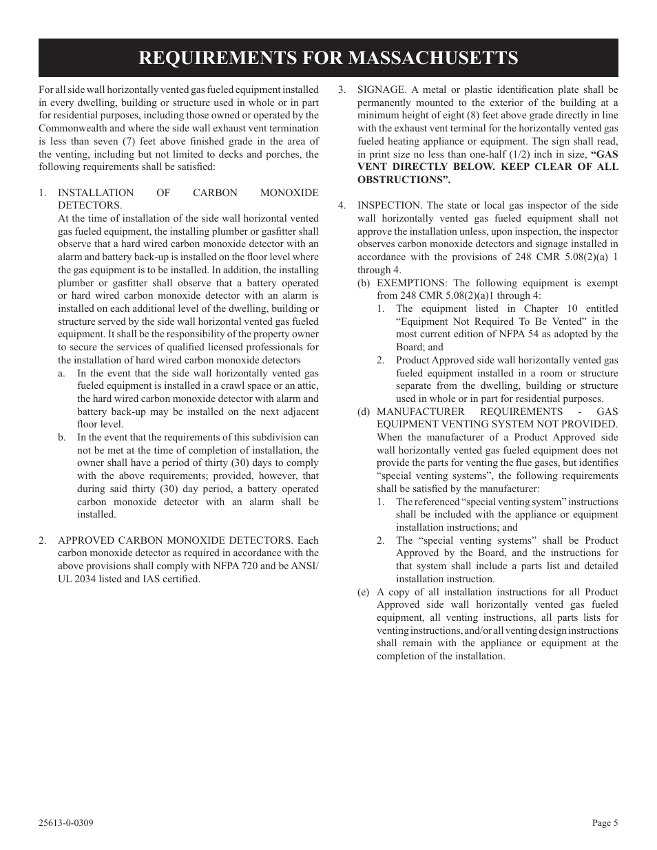 Requirements for massachusetts | Empire Comfort Systems DVX36DP31 User Manual | Page 5 / 72