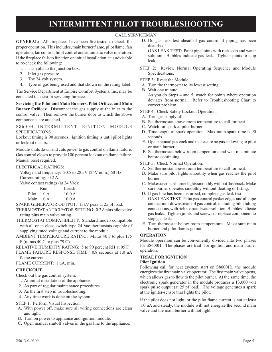 Intermittent pilot troubleshooting | Empire Comfort Systems DVX36DP31 User Manual | Page 51 / 72