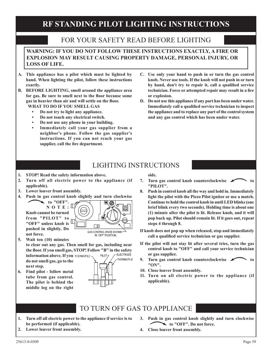 Rf standing pilot lighting instructions, For your safety read before lighting, Lighting instructions to turn off gas to appliance | Empire Comfort Systems DVX36DP31 User Manual | Page 59 / 72