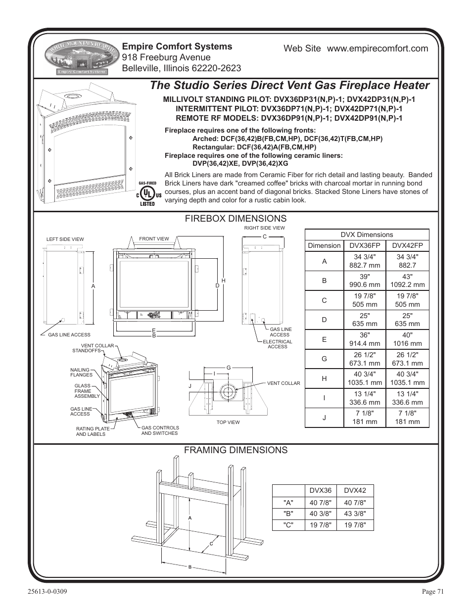 The studio series direct vent gas fireplace heater, Framing dimensions firebox dimensions | Empire Comfort Systems DVX36DP31 User Manual | Page 71 / 72
