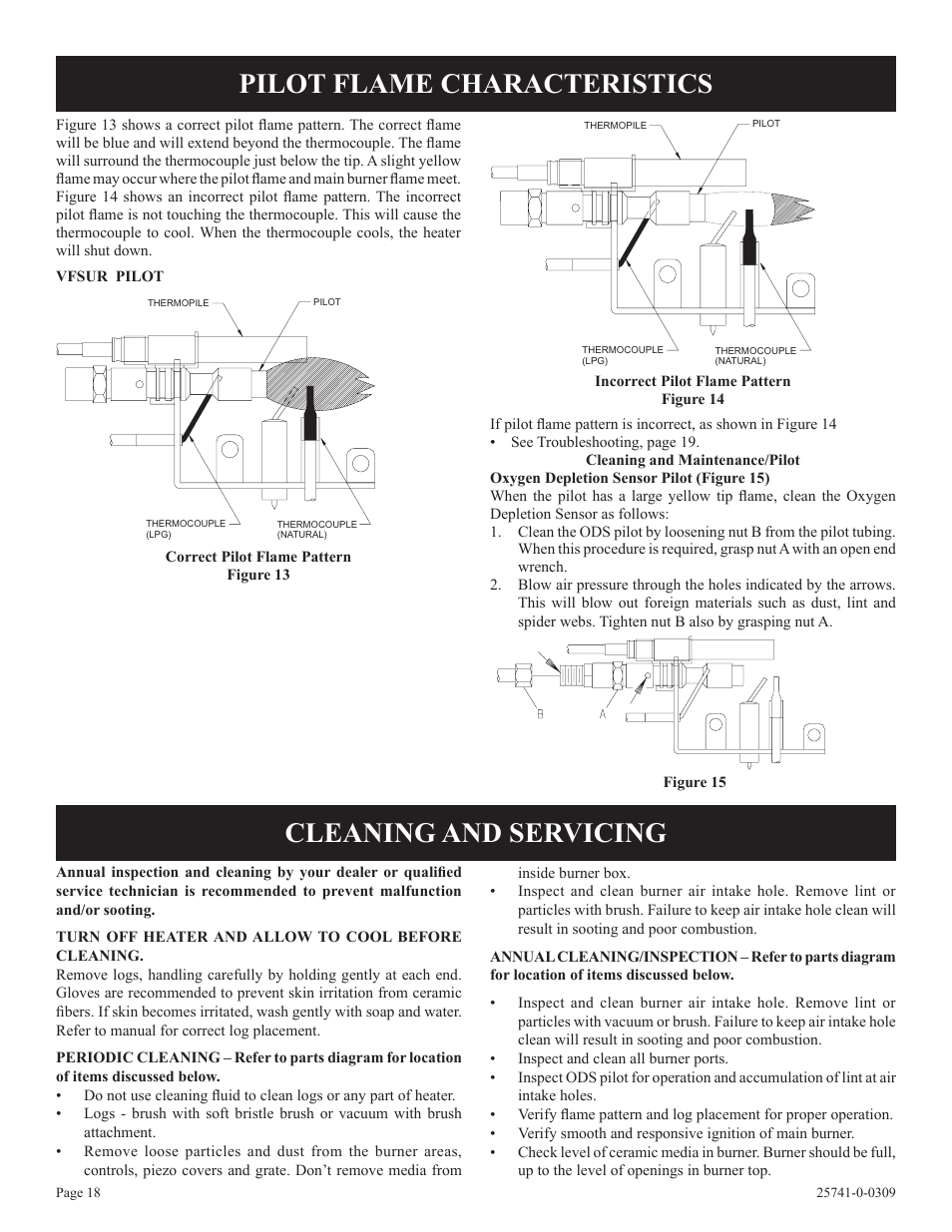 Pilot flame characteristics, Cleaning and servicing | Empire Comfort Systems VFSUR30-2 User Manual | Page 18 / 24