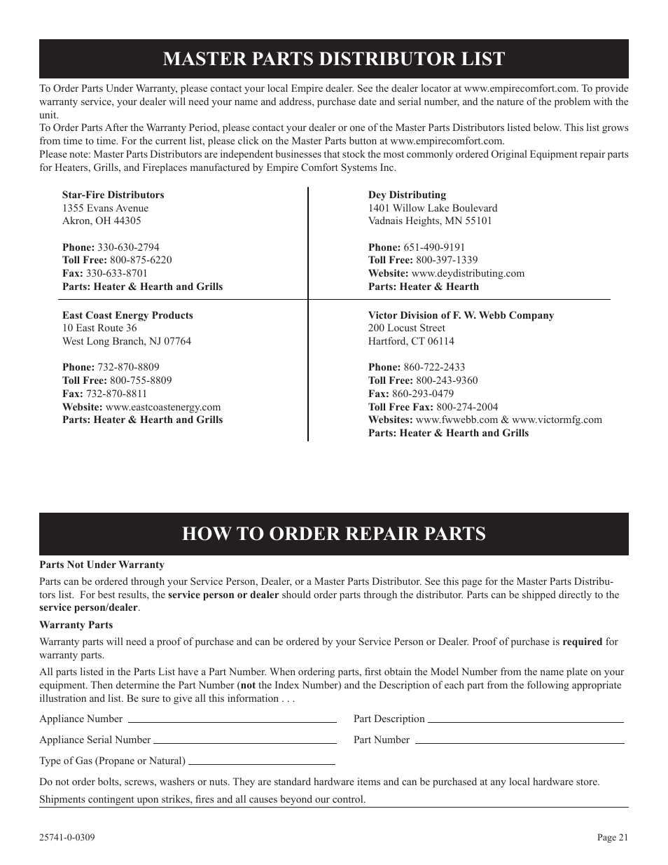 Master parts distributor list, How to order repair parts | Empire Comfort Systems VFSUR30-2 User Manual | Page 21 / 24