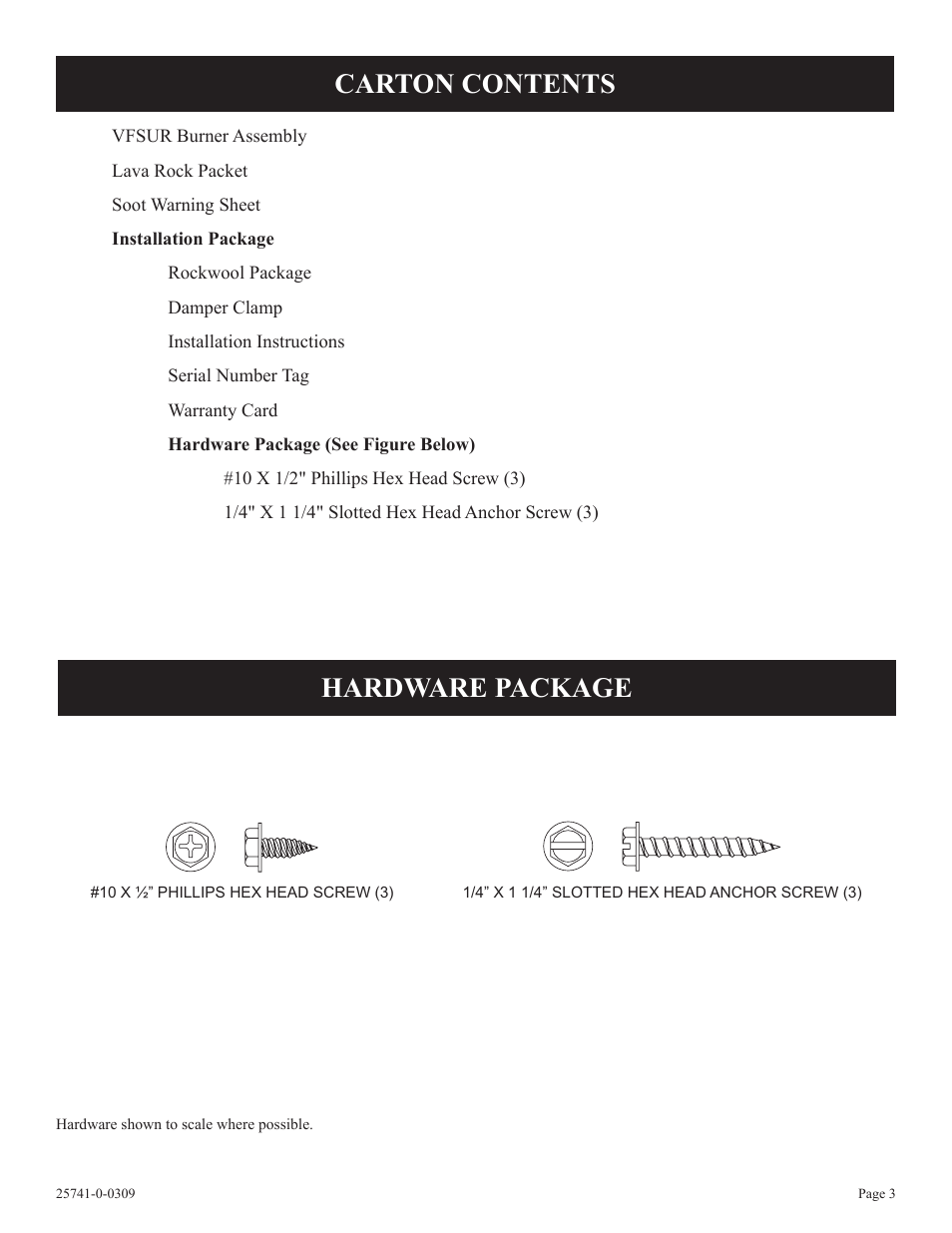 Carton contents hardware package | Empire Comfort Systems VFSUR30-2 User Manual | Page 3 / 24
