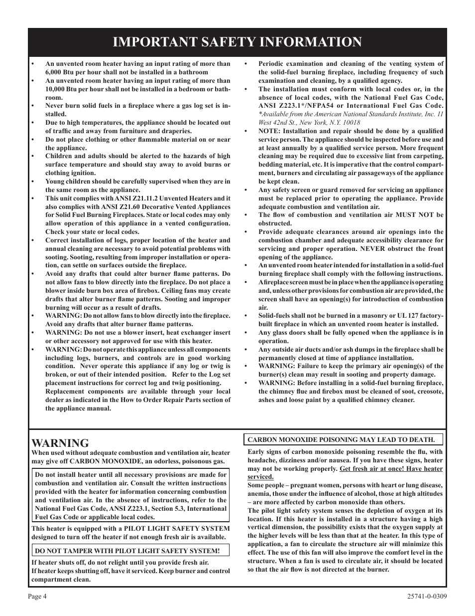 Important safety information, Warning | Empire Comfort Systems VFSUR30-2 User Manual | Page 4 / 24