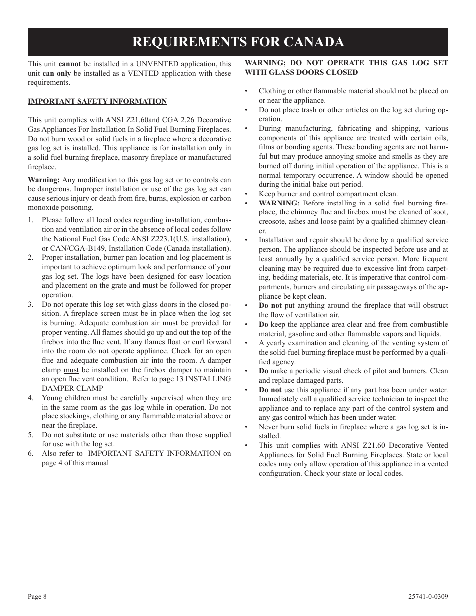 Requirements for canada | Empire Comfort Systems VFSUR30-2 User Manual | Page 8 / 24