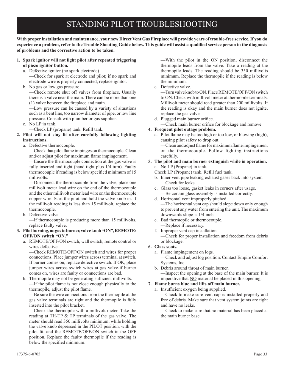 Standing pilot troubleshooting | Empire Comfort Systems DVP42FP7  EN User Manual | Page 33 / 52