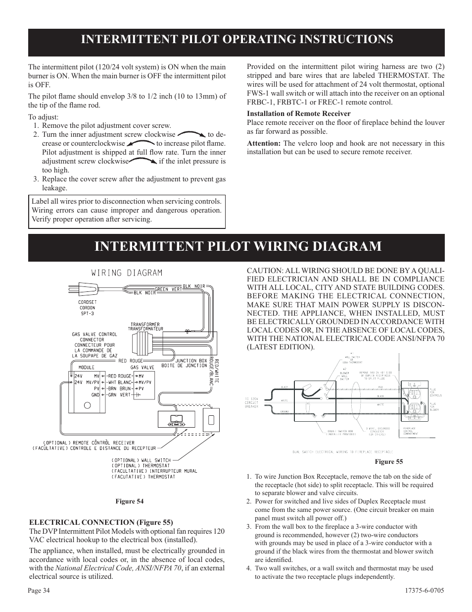 Intermittent pilot wiring diagram, Intermittent pilot operating instructions | Empire Comfort Systems DVP42FP7  EN User Manual | Page 34 / 52
