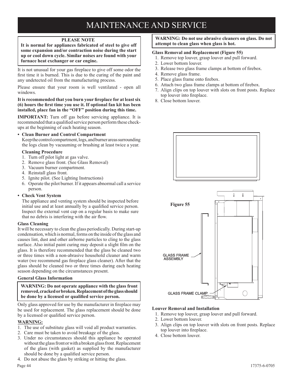 Maintenance and service | Empire Comfort Systems DVP42FP7  EN User Manual | Page 44 / 52