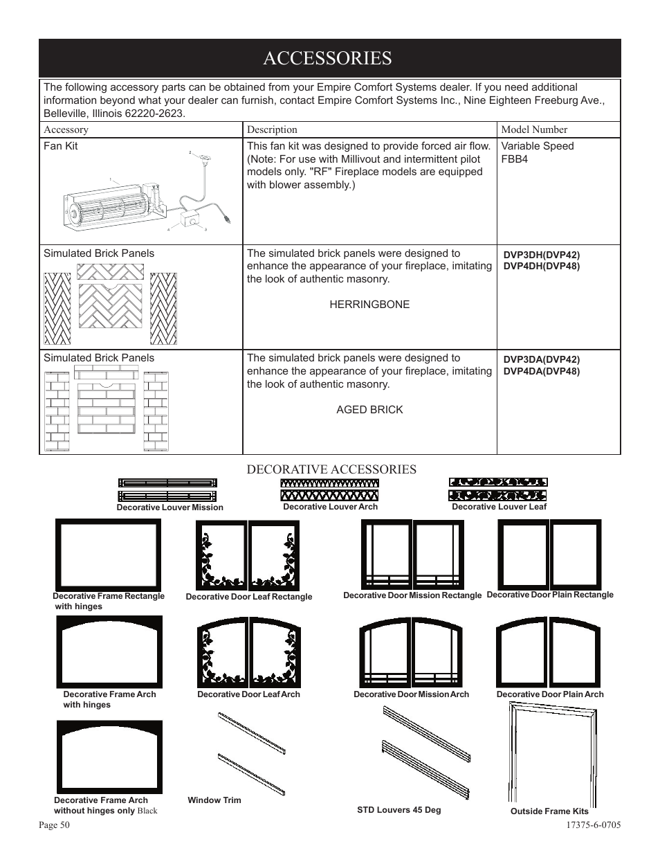 Accessories, Decorative accessories | Empire Comfort Systems DVP42FP7  EN User Manual | Page 50 / 52