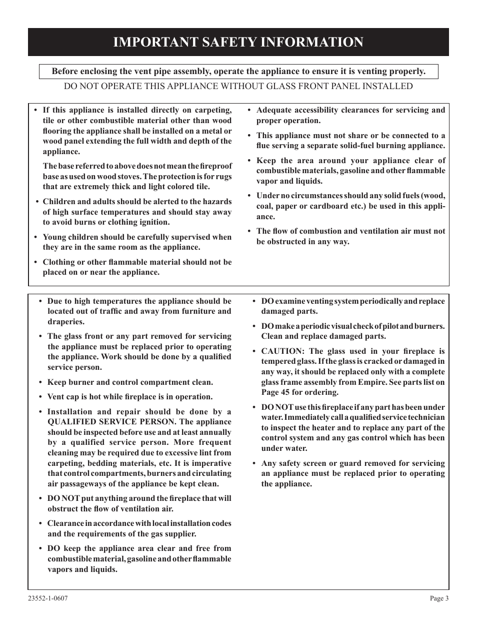 Important safety information | Empire Comfort Systems DVD36FP3  EN User Manual | Page 3 / 52