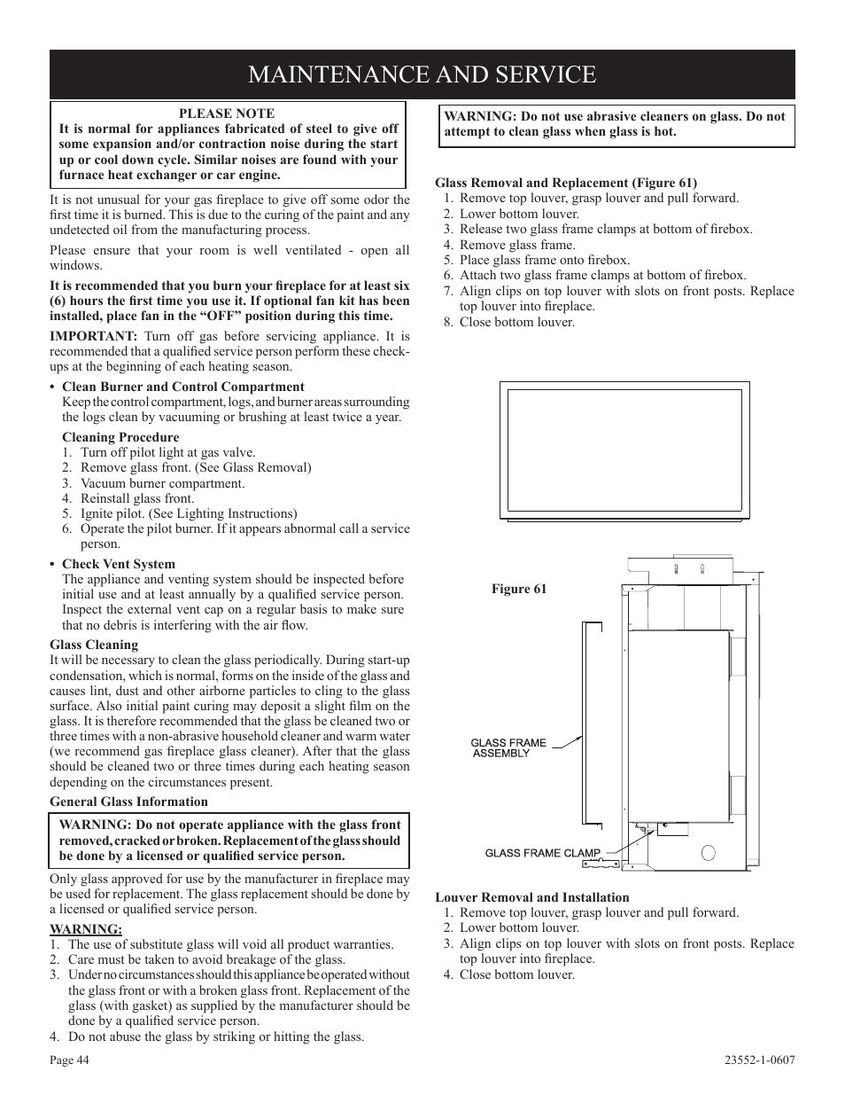 Maintenance and service | Empire Comfort Systems DVD36FP3  EN User Manual | Page 44 / 52