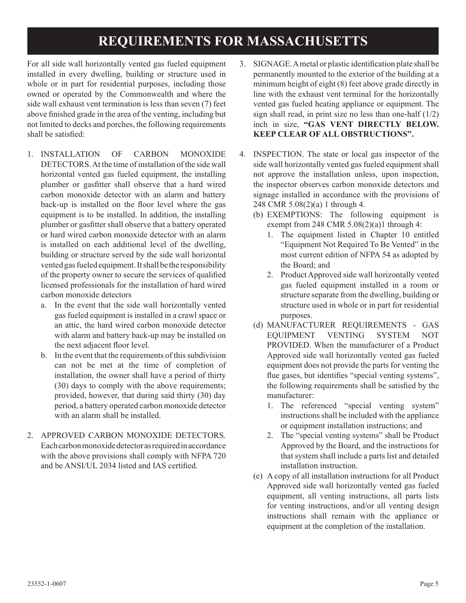 Requirements for massachusetts | Empire Comfort Systems DVD36FP3  EN User Manual | Page 5 / 52