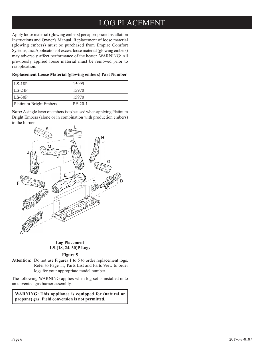 Log placement | Empire Comfort Systems LS-30P-1 User Manual | Page 6 / 12