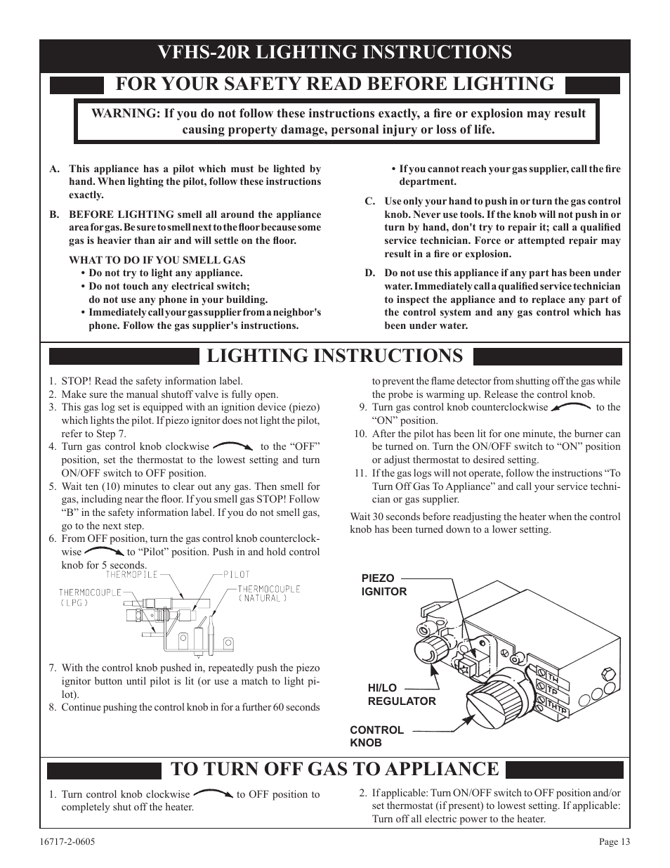 For your safety read before lighting, Lighting instructions to turn off gas to appliance, Vfhs-20r lighting instructions | Empire Comfort Systems VFHS-20/10T-4 User Manual | Page 13 / 28