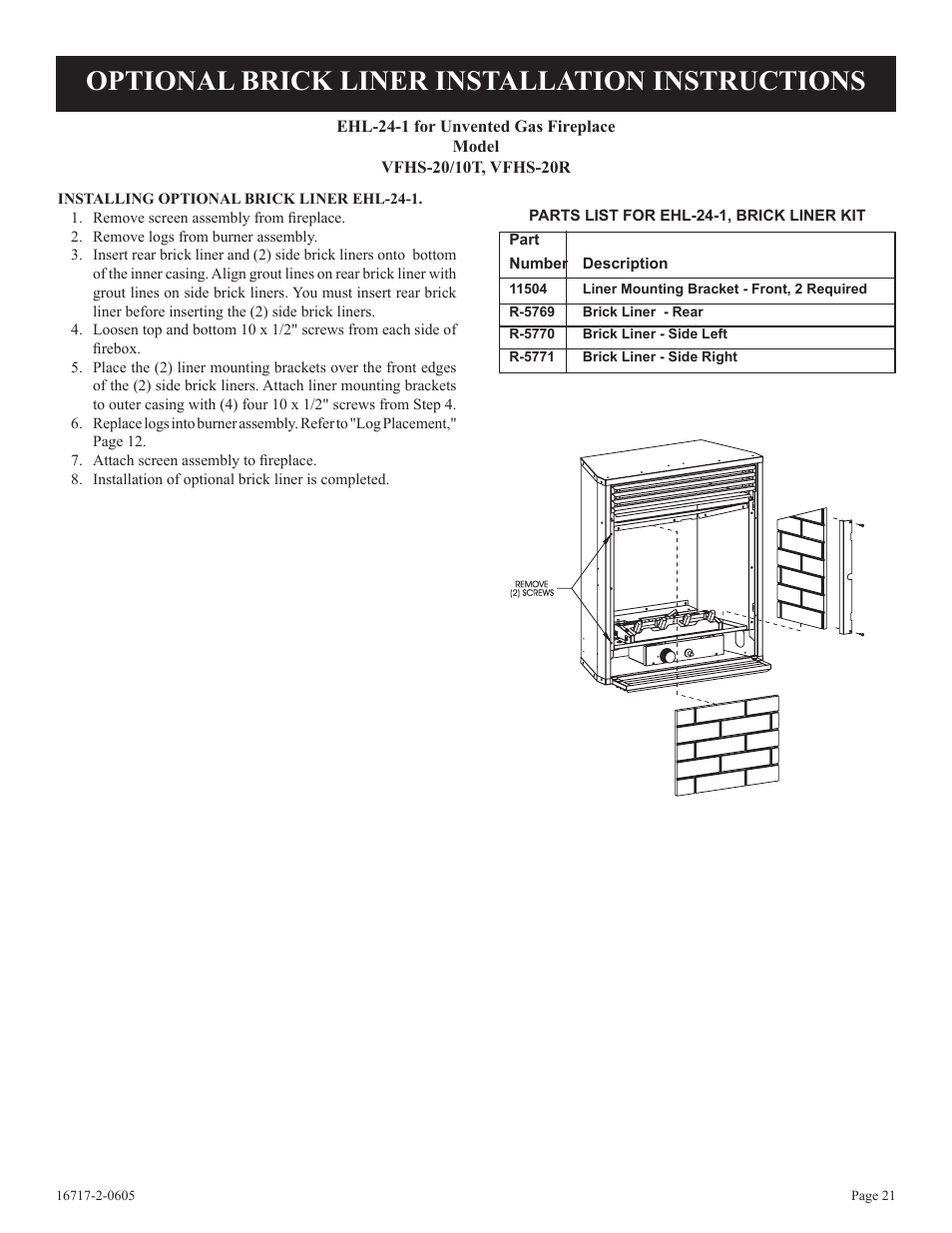 Optional brick liner installation instructions | Empire Comfort Systems VFHS-20/10T-4 User Manual | Page 21 / 28