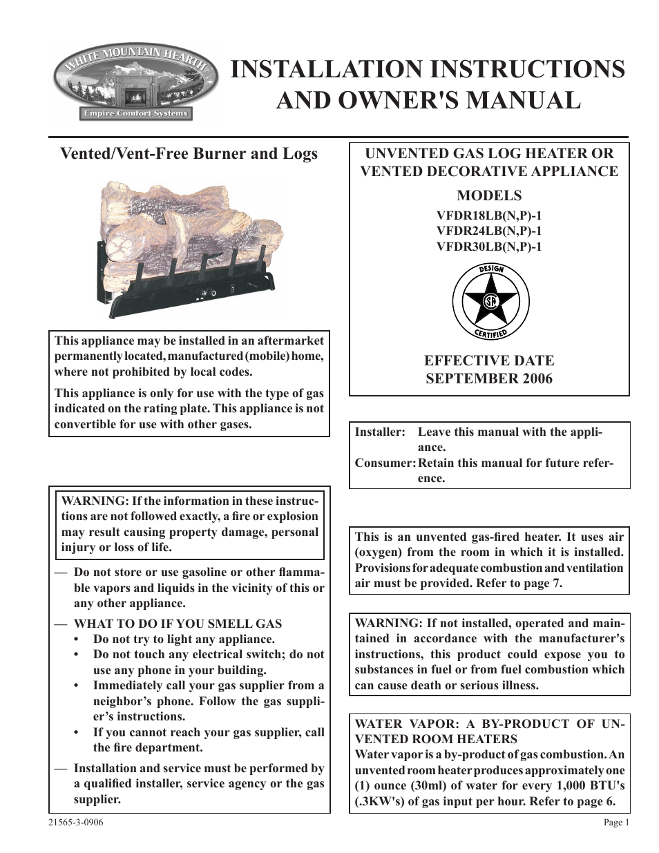 Empire Comfort Systems VFDR18LB User Manual | 24 pages