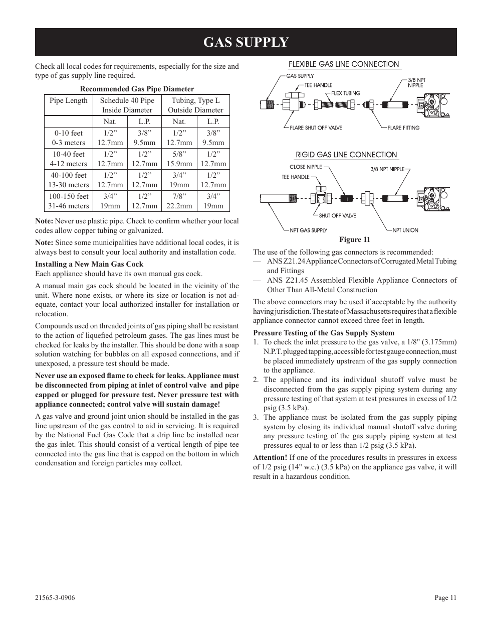 Gas supply | Empire Comfort Systems VFDR18LB User Manual | Page 11 / 24