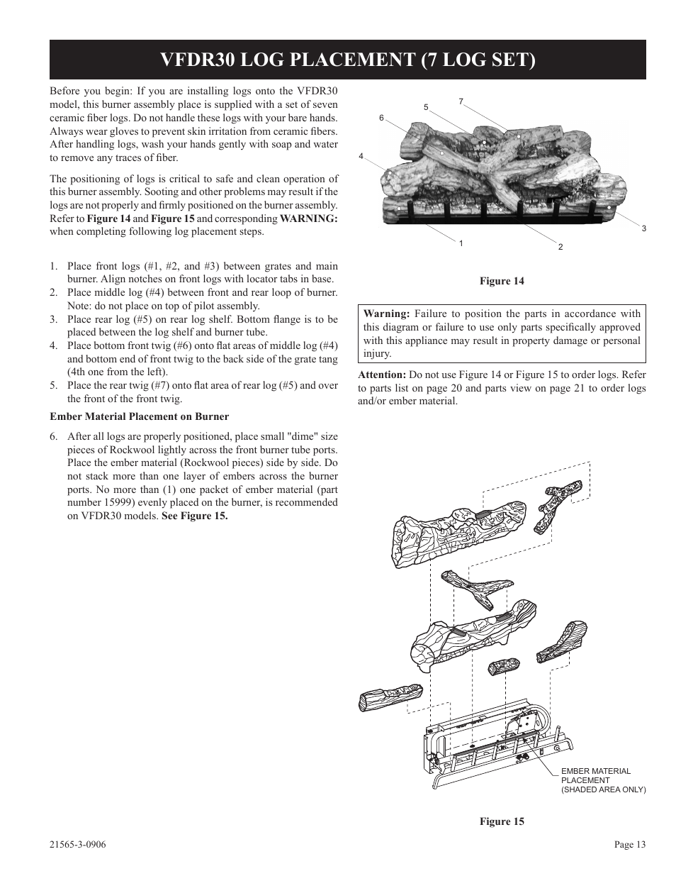 Vfdr30 log placement (7 log set) | Empire Comfort Systems VFDR18LB User Manual | Page 13 / 24