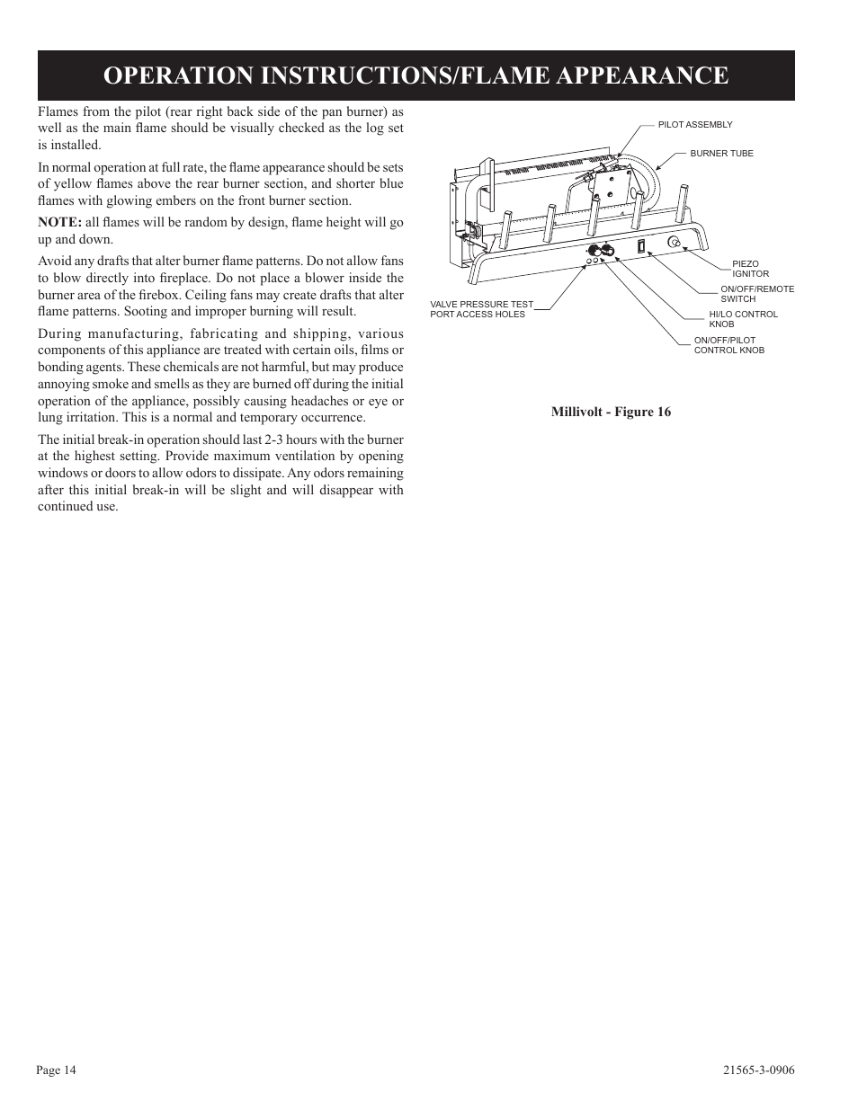 Operation instructions/flame appearance | Empire Comfort Systems VFDR18LB User Manual | Page 14 / 24
