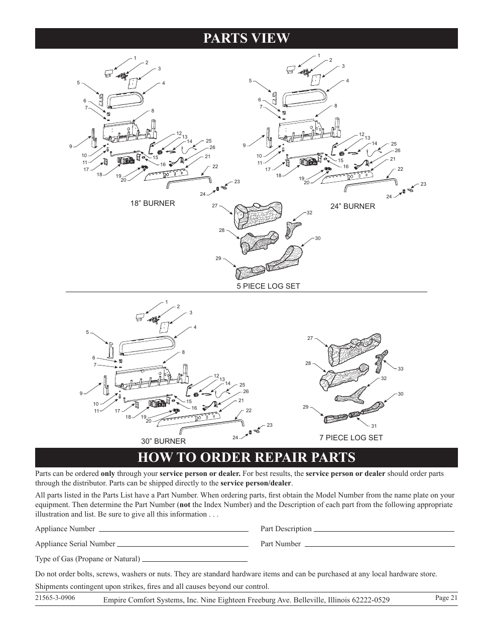 Parts view, How to order repair parts, 5 piece log set 7 piece log set | Empire Comfort Systems VFDR18LB User Manual | Page 21 / 24