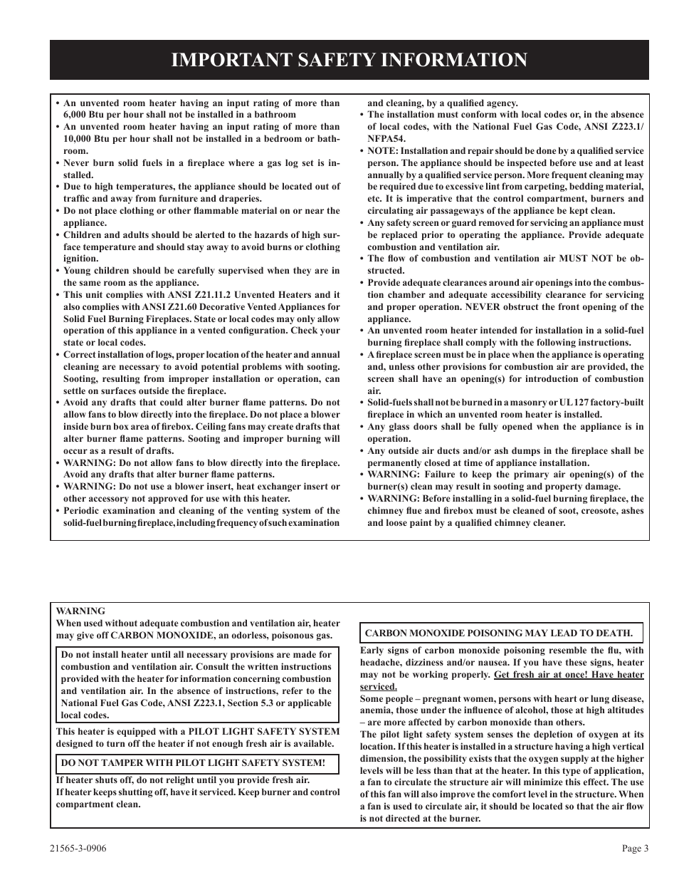Important safety information | Empire Comfort Systems VFDR18LB User Manual | Page 3 / 24
