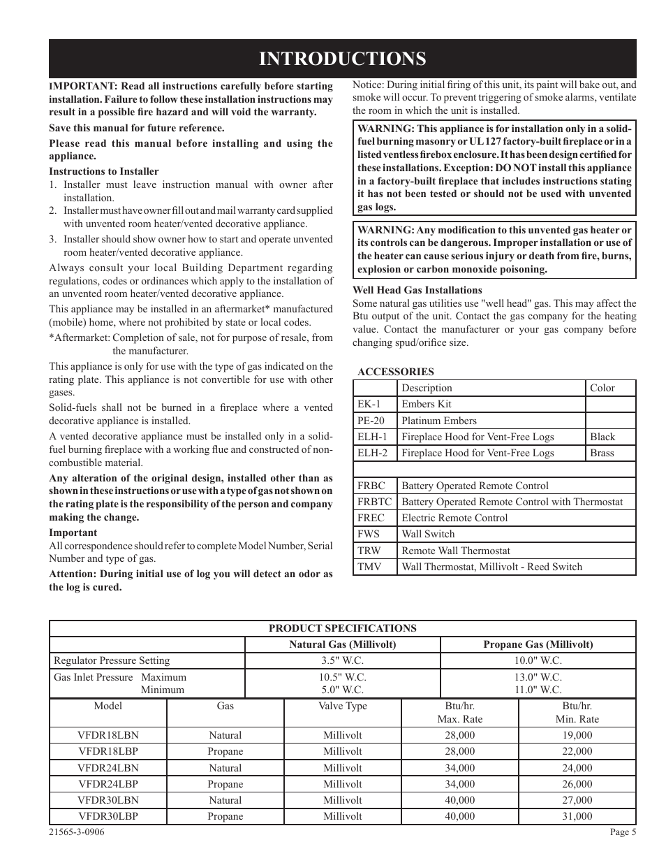 Introductions | Empire Comfort Systems VFDR18LB User Manual | Page 5 / 24