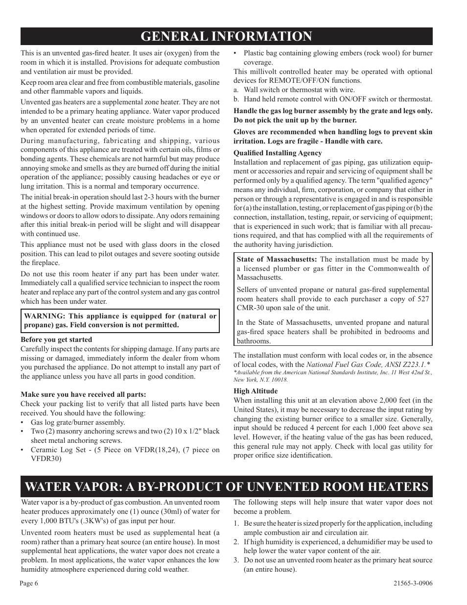 General information, Water vapor: a by-product of unvented room heaters | Empire Comfort Systems VFDR18LB User Manual | Page 6 / 24