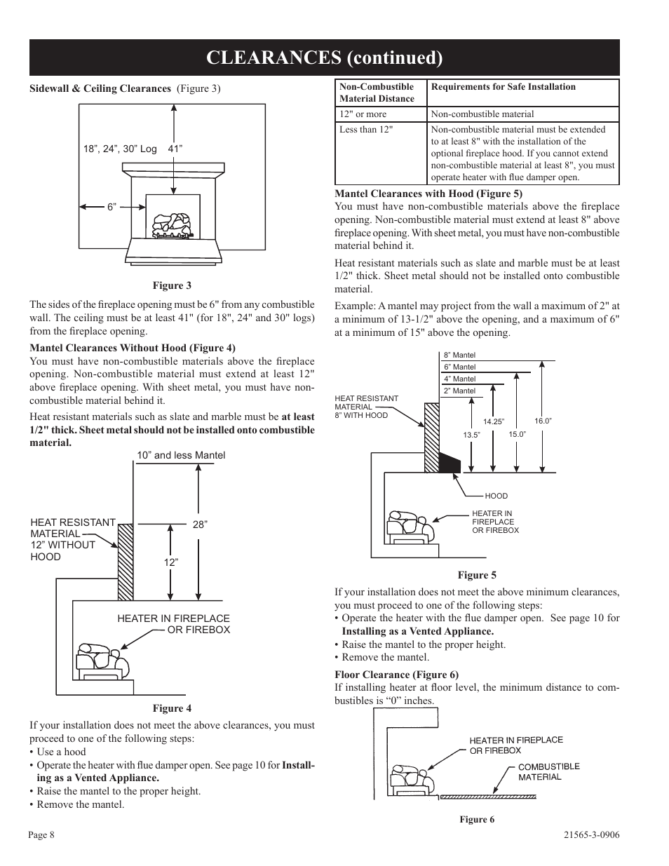 Clearances (continued) | Empire Comfort Systems VFDR18LB User Manual | Page 8 / 24