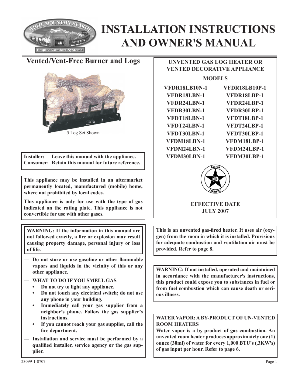 Empire Comfort Systems UNVENTED GAS LOG HEATER VFDR24LBN-1 User Manual | 32 pages