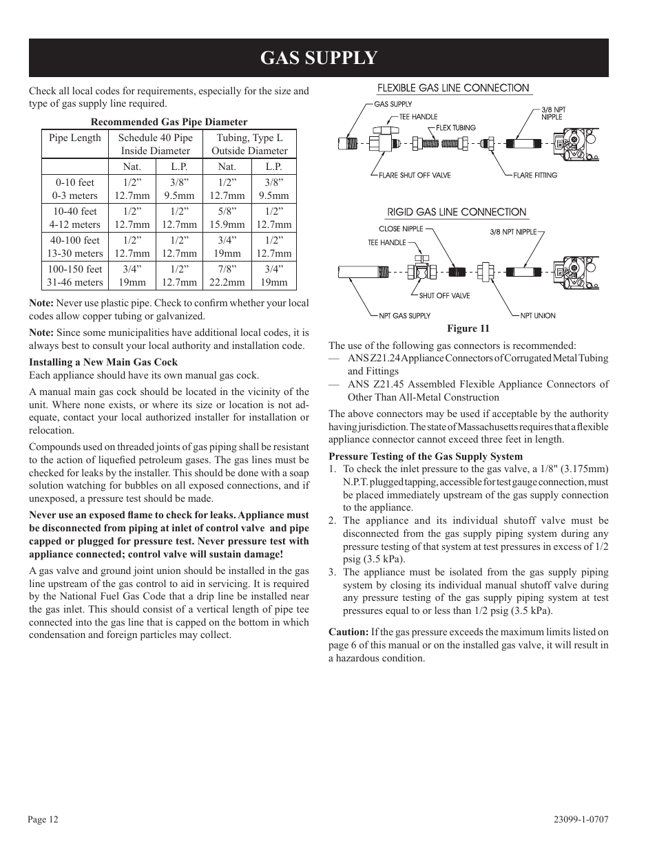 Gas supply | Empire Comfort Systems UNVENTED GAS LOG HEATER VFDR24LBN-1 User Manual | Page 12 / 32