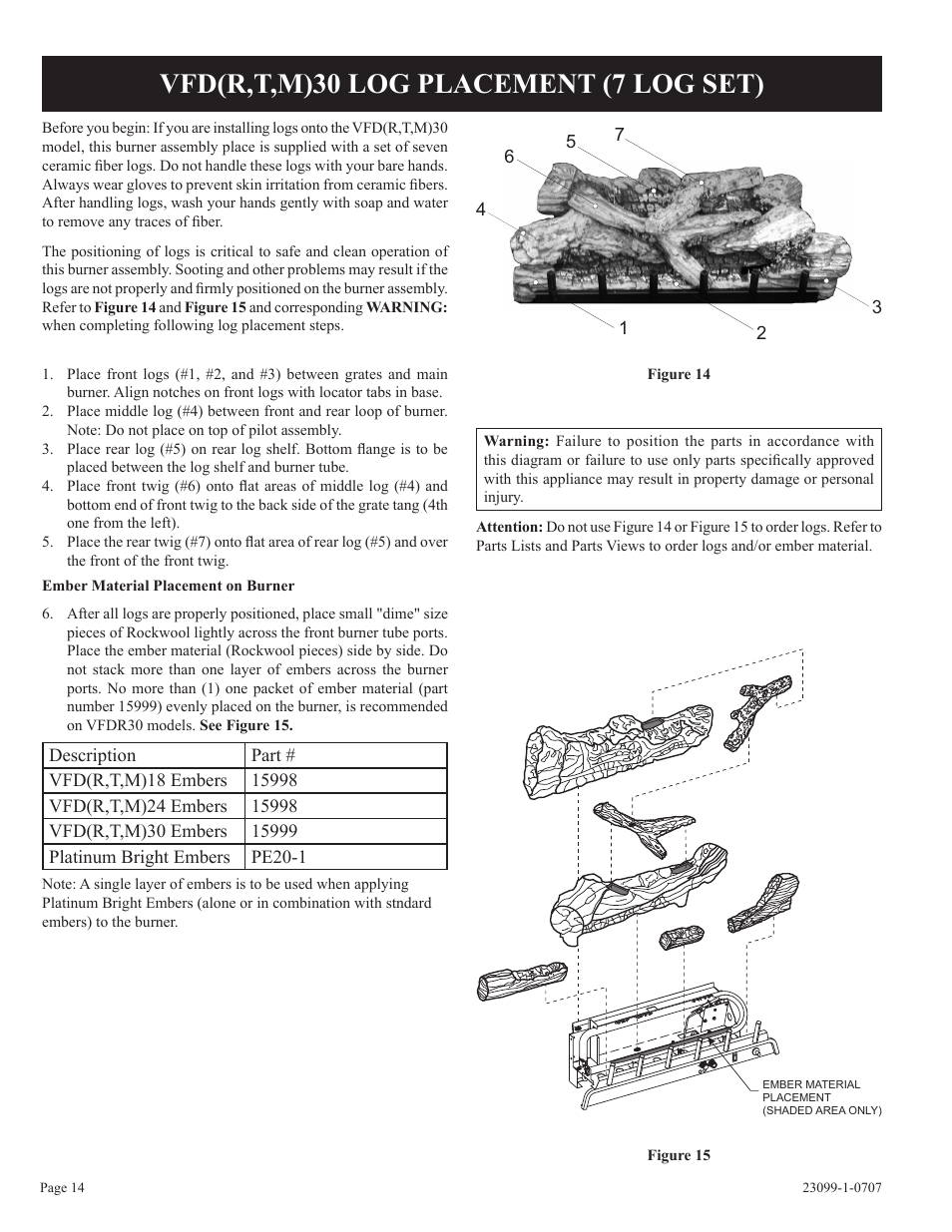 Vfd(r,t,m)30 log placement (7 log set) | Empire Comfort Systems UNVENTED GAS LOG HEATER VFDR24LBN-1 User Manual | Page 14 / 32