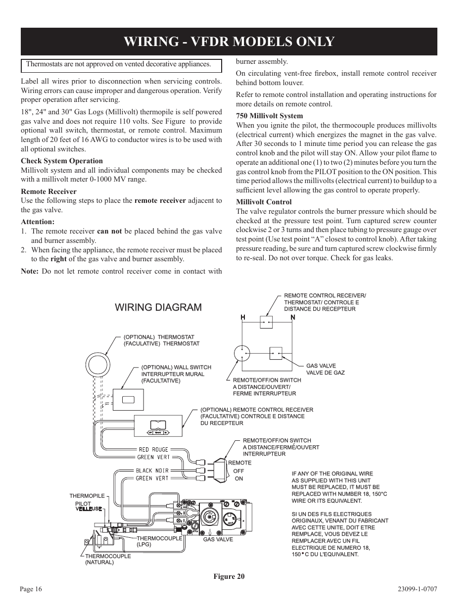 Wiring - vfdr models only, Wiring diagram | Empire Comfort Systems UNVENTED GAS LOG HEATER VFDR24LBN-1 User Manual | Page 16 / 32