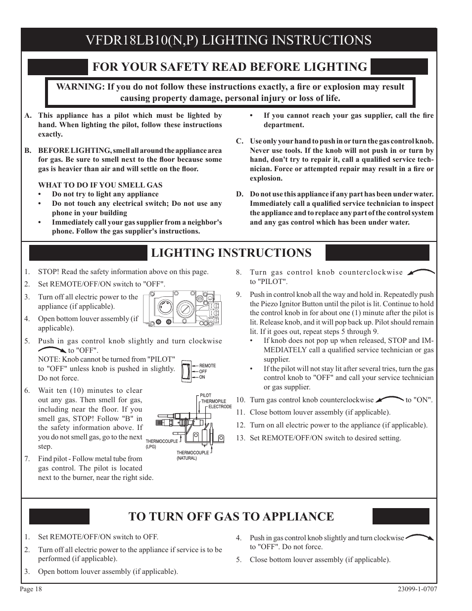 Vfdr18lb10(n,p) lighting instructions | Empire Comfort Systems UNVENTED GAS LOG HEATER VFDR24LBN-1 User Manual | Page 18 / 32