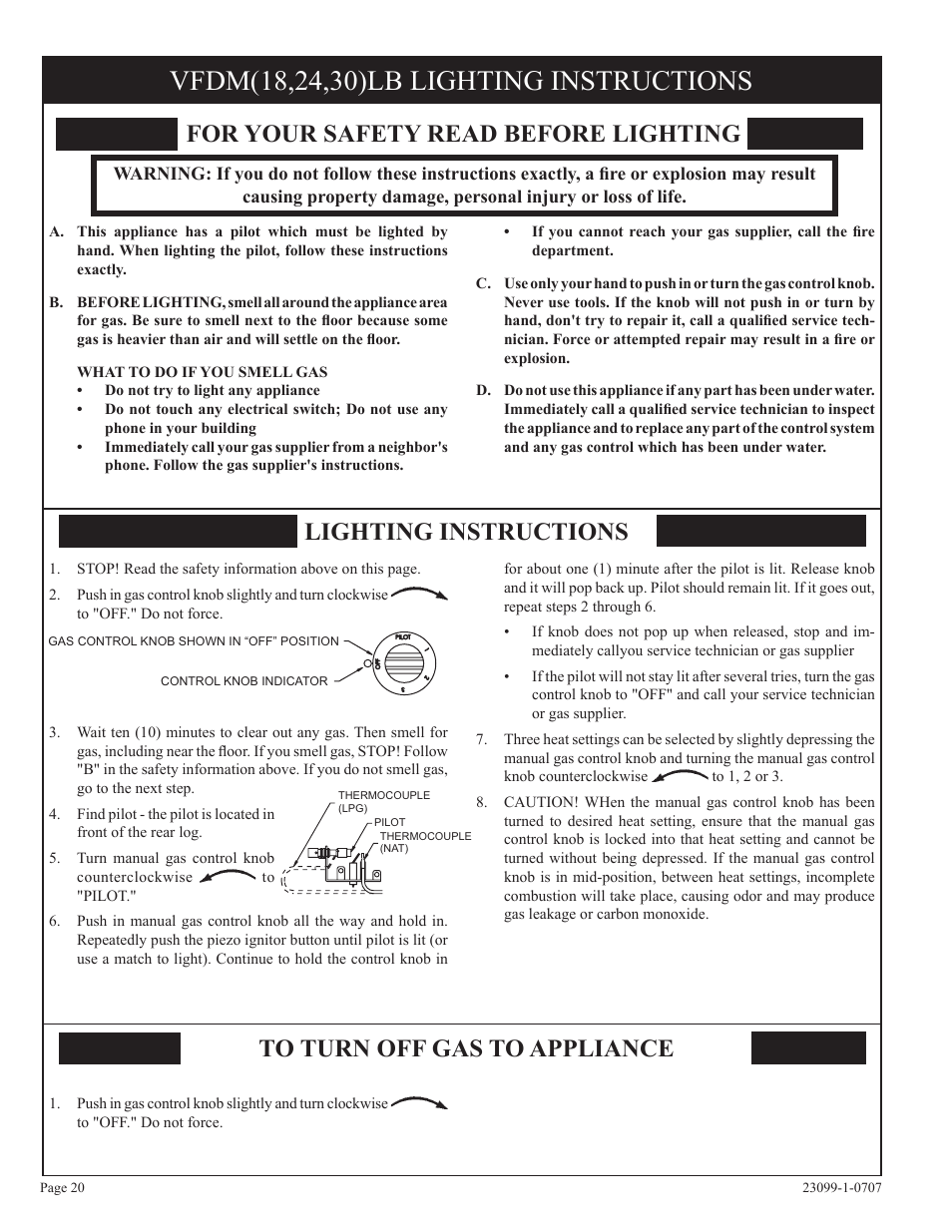 For your safety read before lighting, Lighting instructions | Empire Comfort Systems UNVENTED GAS LOG HEATER VFDR24LBN-1 User Manual | Page 20 / 32