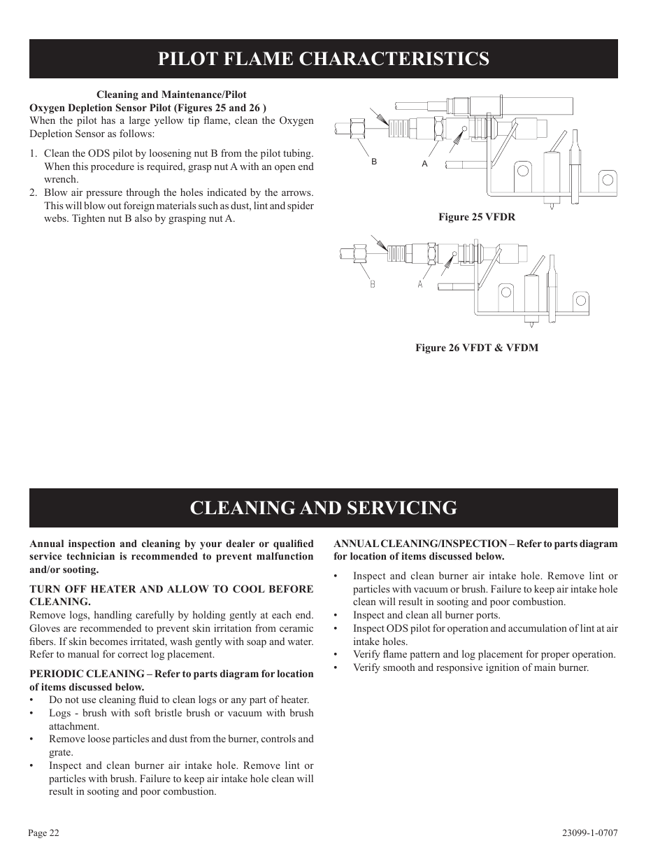 Cleaning and servicing pilot flame characteristics | Empire Comfort Systems UNVENTED GAS LOG HEATER VFDR24LBN-1 User Manual | Page 22 / 32