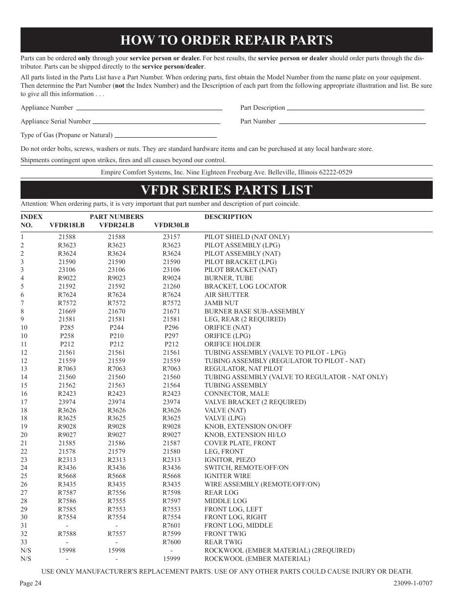 How to order repair parts, Vfdr series parts list | Empire Comfort Systems UNVENTED GAS LOG HEATER VFDR24LBN-1 User Manual | Page 24 / 32