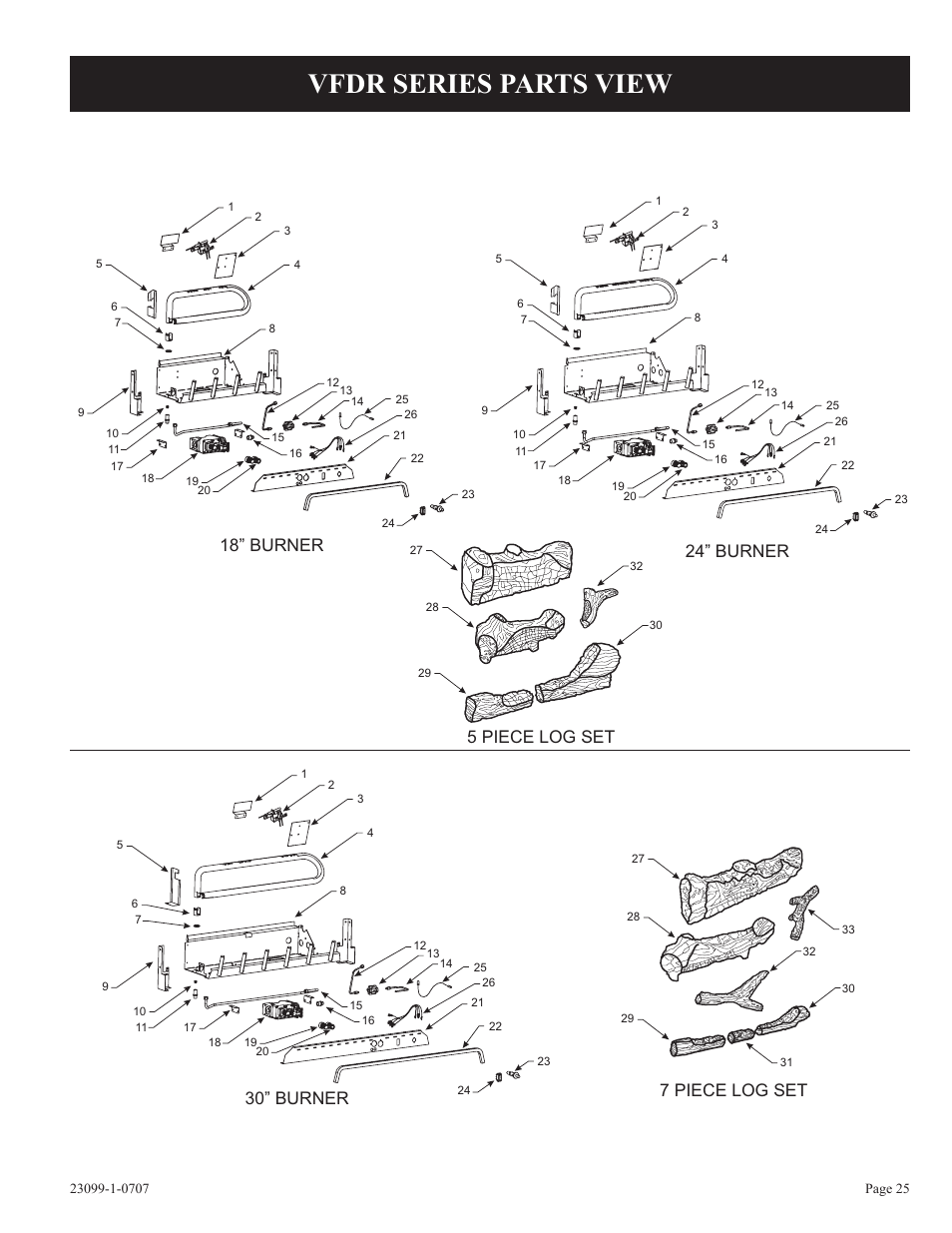 Vfdr series parts view, 5 piece log set 7 piece log set | Empire Comfort Systems UNVENTED GAS LOG HEATER VFDR24LBN-1 User Manual | Page 25 / 32