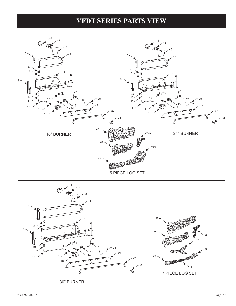 Vfdt series parts view, 7 piece log set, 5 piece log set | Empire Comfort Systems UNVENTED GAS LOG HEATER VFDR24LBN-1 User Manual | Page 29 / 32
