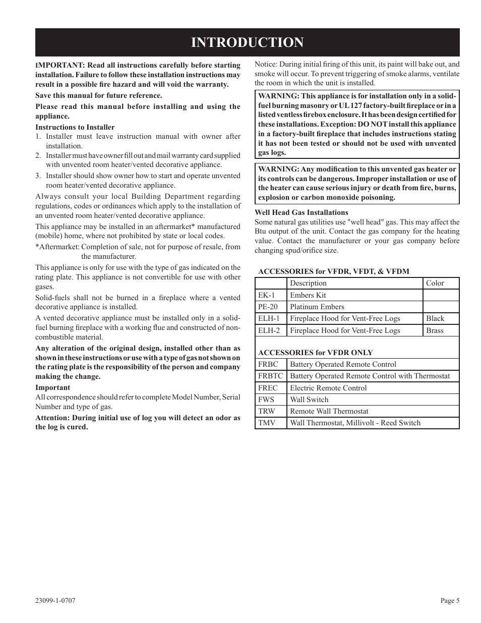 Introduction | Empire Comfort Systems UNVENTED GAS LOG HEATER VFDR24LBN-1 User Manual | Page 5 / 32