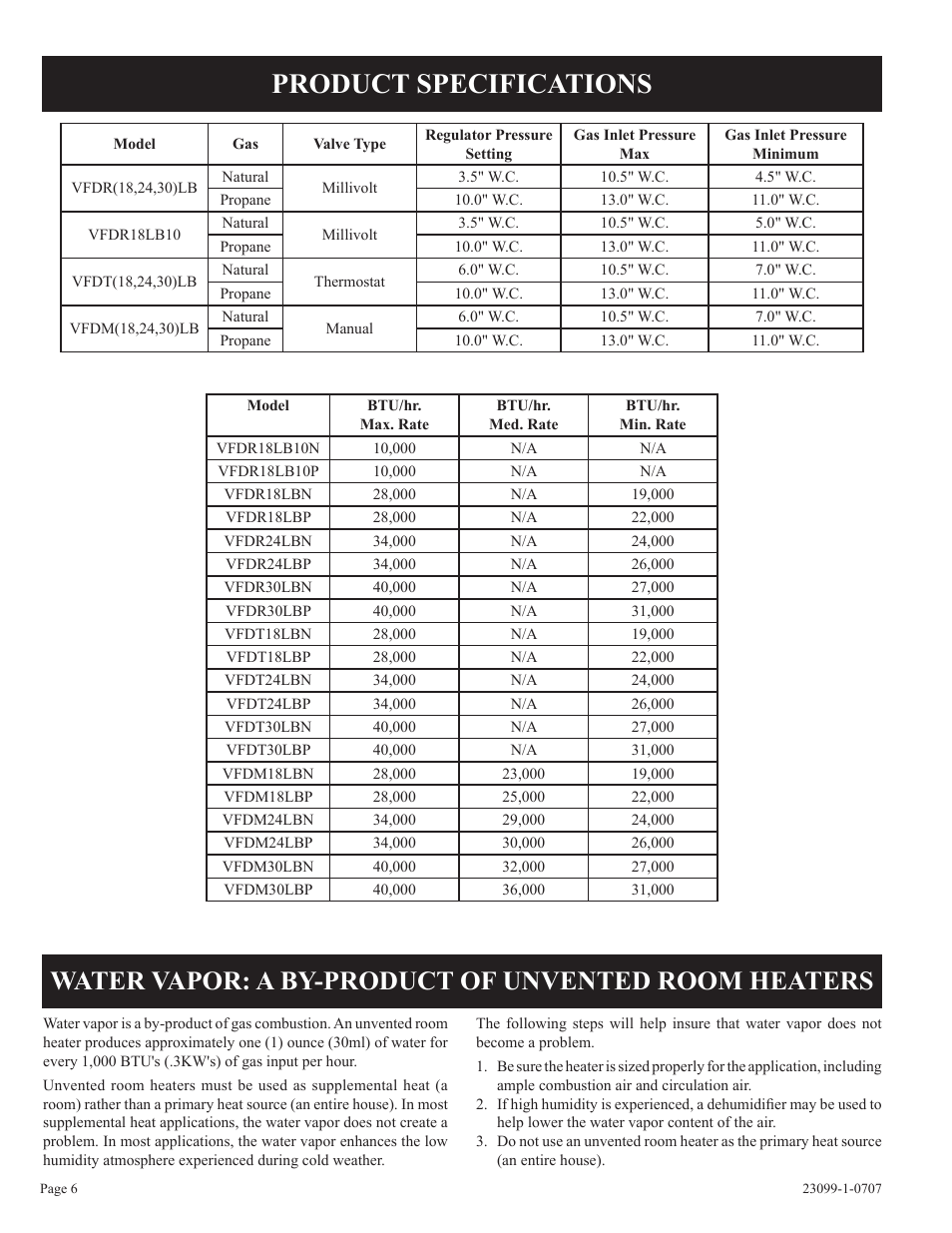 Product specifications, Water vapor: a by-product of unvented room heaters | Empire Comfort Systems UNVENTED GAS LOG HEATER VFDR24LBN-1 User Manual | Page 6 / 32