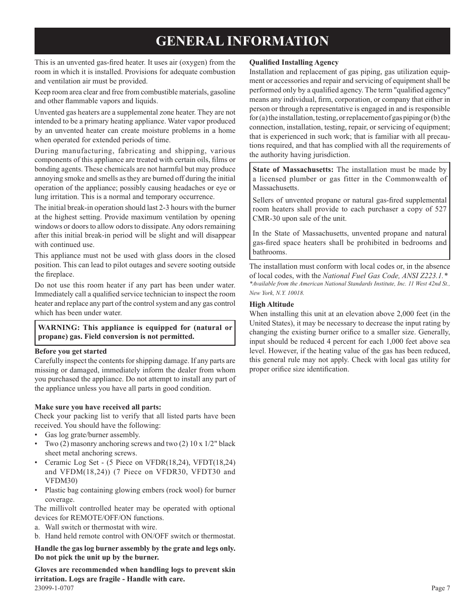 General information | Empire Comfort Systems UNVENTED GAS LOG HEATER VFDR24LBN-1 User Manual | Page 7 / 32