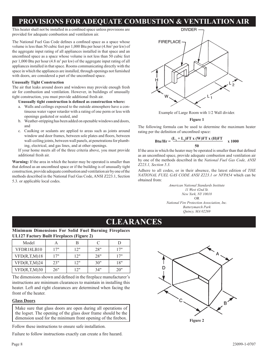 Clearances | Empire Comfort Systems UNVENTED GAS LOG HEATER VFDR24LBN-1 User Manual | Page 8 / 32