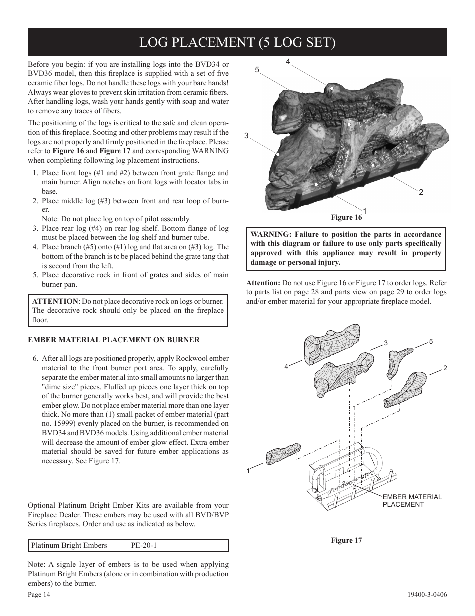Log placement (5 log set) | Empire Comfort Systems BVD36FP32 User Manual | Page 14 / 40