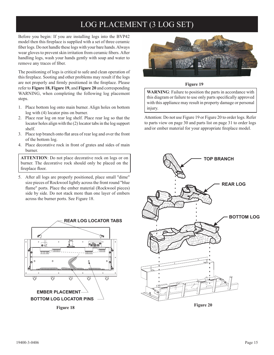 Log placement (3 log set) | Empire Comfort Systems BVD36FP32 User Manual | Page 15 / 40