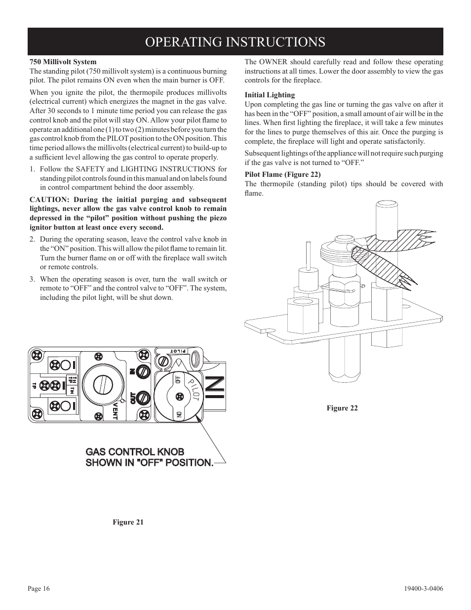 Operating instructions, Gas control knob shown in "off" position | Empire Comfort Systems BVD36FP32 User Manual | Page 16 / 40