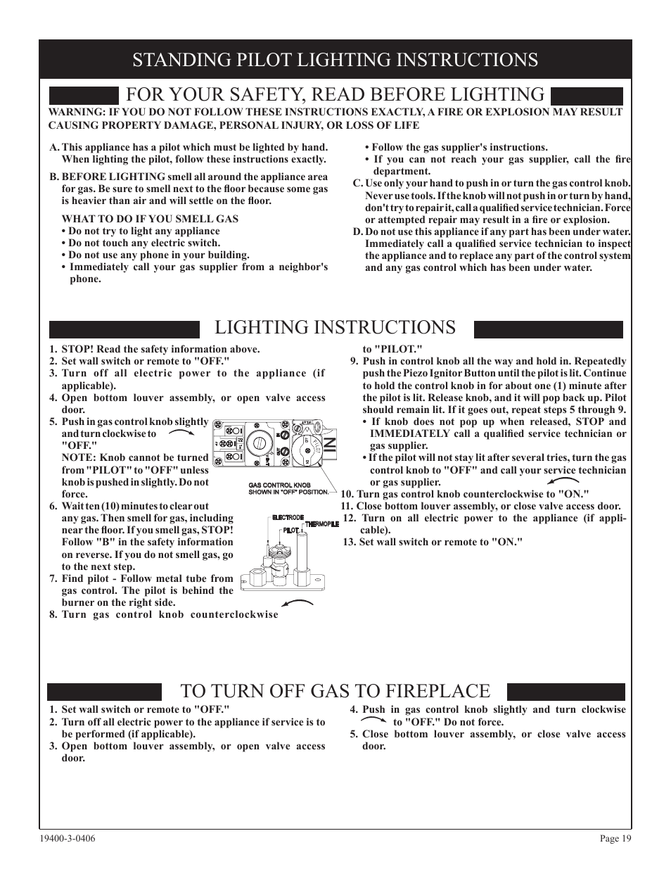 Standing pilot lighting instructions | Empire Comfort Systems BVD36FP32 User Manual | Page 19 / 40