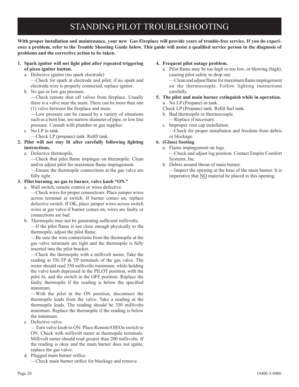 Standing pilot troubleshooting | Empire Comfort Systems BVD36FP32 User Manual | Page 20 / 40